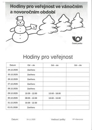 Pošta Partner Křenovice - Otevírací doba 24.12.2025–1.1.2026 1